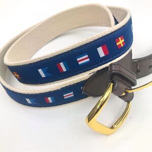 Navy Blue Multicolored Nautical Flag Woven Cream Cotton Leather Tip Belt